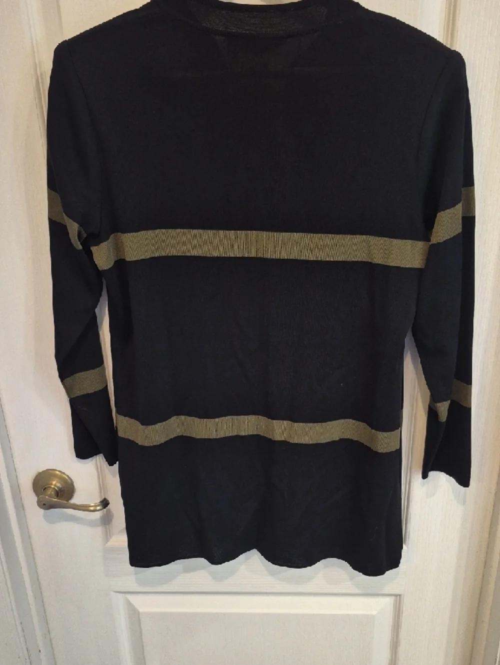 Misook Open Front Knit Black Cardigan with Olive Stripes